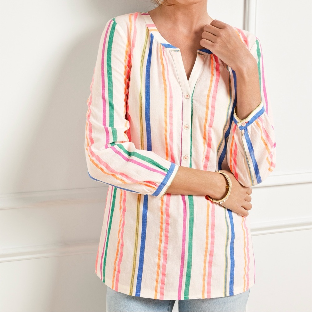 Talbots Sensational Stripe Popover Blouse Women’s Size XL Petite Colorful Cotton
